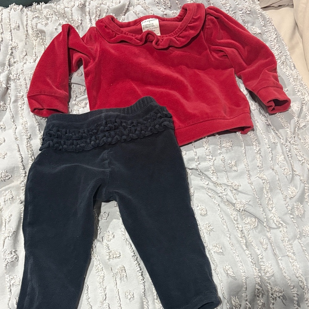 First Impressions Red Velvet Top and Black Velvet Pants Set